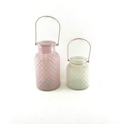 Wholesale white and pink luxury glass candle holder big size with iron frame