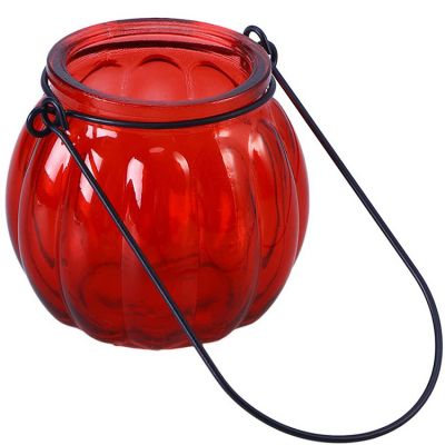 Halloween Pumpkin Glass Tealight Candle Holders Colored RED Glass Lamp Lantern Hanging with Handle