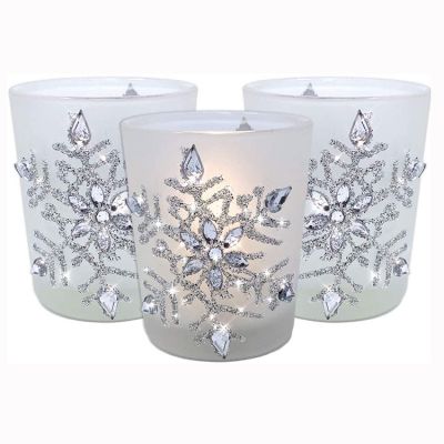 Holiday decorative Christmas snowflake design round frosted tealight glass candle jars