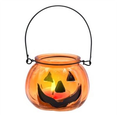 Empty Glass Candle Jar Halloween Pumpkin Design Candle Jar With Metal Handle