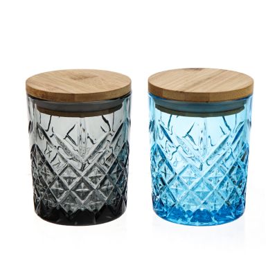 Design Custom Logo Blue Decorative Glass Candle Jar Cup in Bulk with Wooden Cork lid