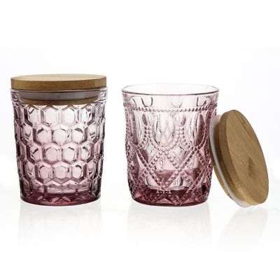 Luxury Empty 320ml Clear Wine Red Black Candle Holder Glass Candle Jar with Wood Lids for Sale