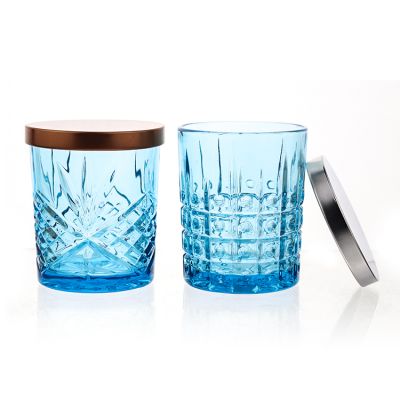 320ml Wholesale Luxury Blue Empty Glass Candle Jars Cup with Lid for Candle Making