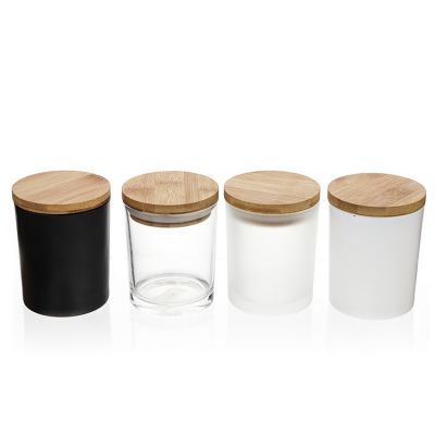 Wholesale 210ML Frosted White Matte Black Glass Candle Jar with Wooden Lid