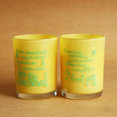 High quality yellow glass candle jar candle holder with wood lid
