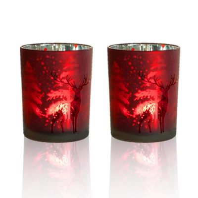 Red Electroplating Christmas Glass Votive Frosted Candle Holder Jar