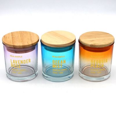 colored glass candle jar with wood lid and logo printing