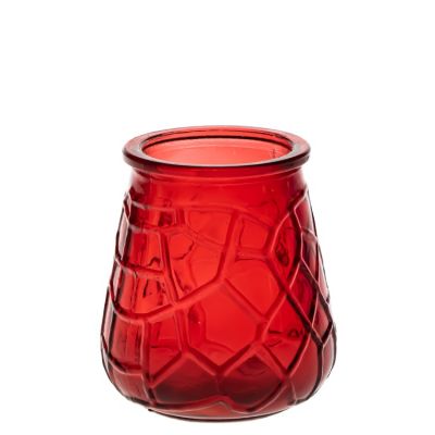 High Quality 200ml Red Colored Glass Flower Embossed Candle Holders For Sale