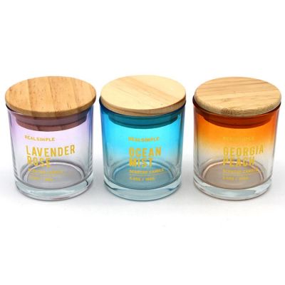 color glass candle jar with wooden lid and logo printed