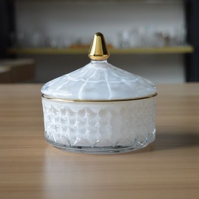 Luxury white glass candle jar with gold rim for tealight