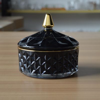 Custom luxury diamond black glass candle holder with gold rim