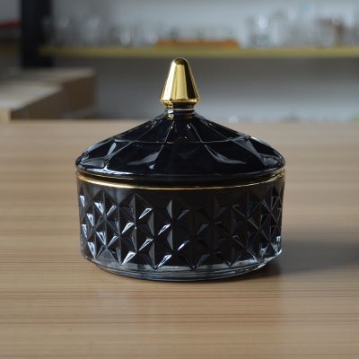 Luxury balck gold rim glass candle hold with lid