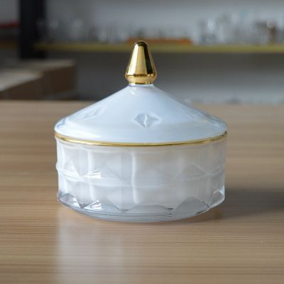Custom luxury diamond white glass candle jar with gold rim