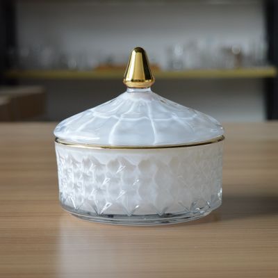 Luxury custom white glass candle jar with gold rim for tealight