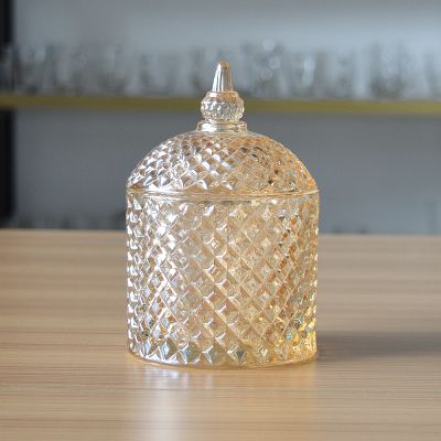 Hotselling luxury diamond champagne color custom glass candle jar with lid