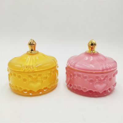 Yellow and pink color glass candle jar Valentine's day gift heart pattern candle holder for wedding decoration