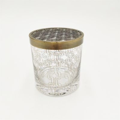 Classical design glass candle holder with piercing copper color metal lid