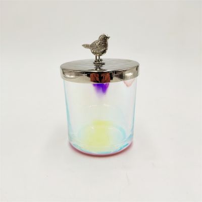 Holographic effect glass candle holder iridescent glass candle jar with metal lid