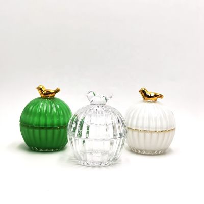 Hand Made Vintage Glass Decorative Candle Jars With Gold Bird