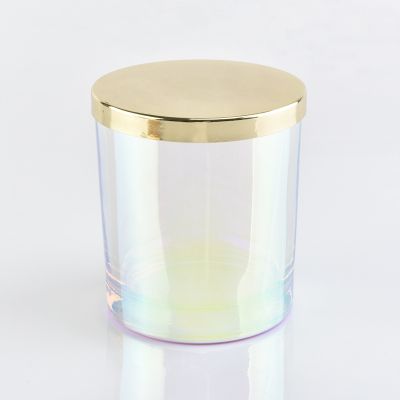 Home Decorative Customized Glass Empty Candle Jar New Iridescen Shiny Candle Glass Jar with lid