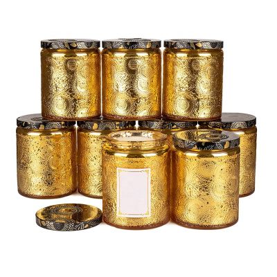 Wholesale 8oz sale colorful carved decorative glass candle jars with metal lids