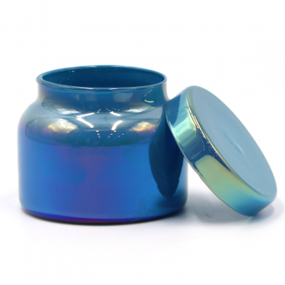 8oz unique empty iridescent frosted blue glass candle jars with lids