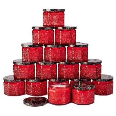 2021 New popular 4oz high quality red retro embossed glass candle container with Lid wedding party candle jar
