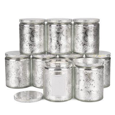 Embossed 8oz empty electroplated silver decorative glass candle holders jars container