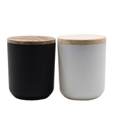 Matte Black White Glass Candle Holder Round Bottom 16oz Candle Jar With Wooden Lid