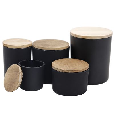 Matte Black Glass Candle Jar Flat Bottom Straight side 5oz 8oz 10oz 16oz Candle container With Wooden Lid