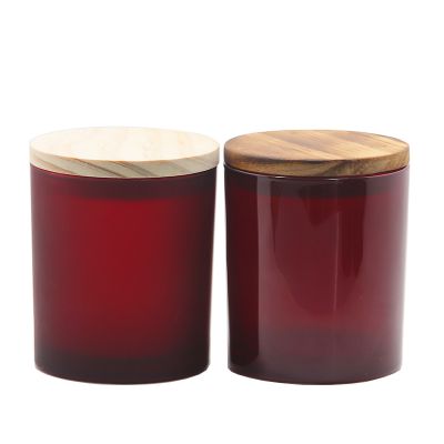 High Quality Shining Burgundy And Matte Dark Red 10oz 300ml Glass Candle Holder Jar with Wooden Lid/Metal Lid