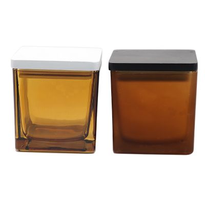 Hot sale Amber Frosted Square Candle Holder/Glass Candle Container/Glass Jar