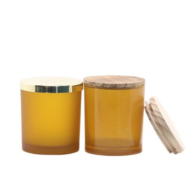 Wholesale Empty Shining And Matte Amber Glass Candle Holder Jar with Wooden Lid/Metal Lid