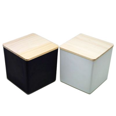 Wholesale White Black Square Candle Holder/Glass Candle Container/Glass Jar with Wood Lid