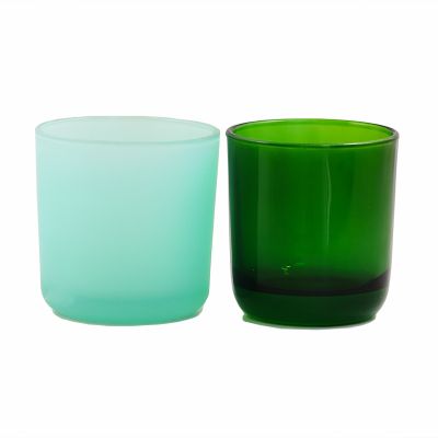 Empty Matte Shining Green Round Bottom Glass Candle Holder Jar with Metal Wooden Lid