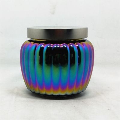 custom Electroplated spray iridescent color Bulb/pumpkin Shape Glass candle jar with tin lid