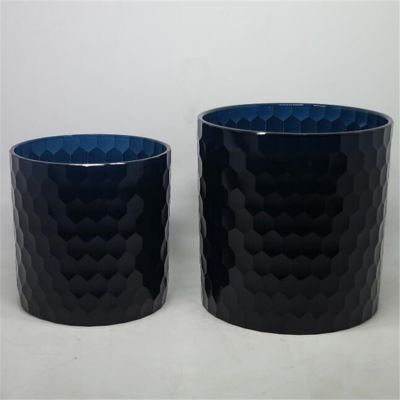 luxury Hand cut hexagon pattern glass candle jars black and wooded lids