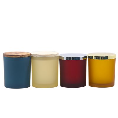 empty matte colorful glass candle jar sprayed color candle container flat bottom candle holder with metal/wooden lid