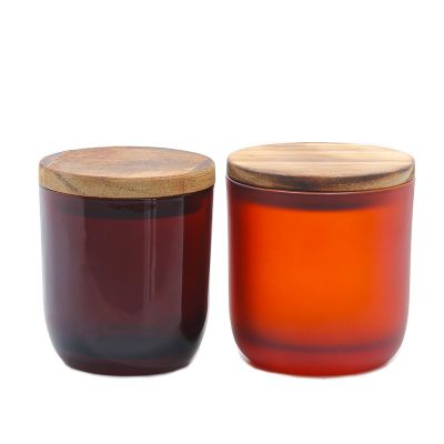 empty matte shining amber glass candle jar wholesale candle holder with sealed wooden lid