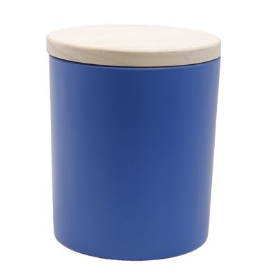 Matte blue glass candle jar with wooden lid/flat bottom glass candle container with gift box