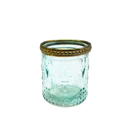 2020 New design tea light glass candle jar with translucent color metal ring