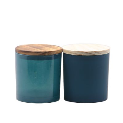 wholesale empty matte shining blue glass candle jar wholesale candle holder with metal/ wooden lid