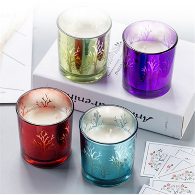 customized color round inner electroplate and inner laser spray candle holder glass