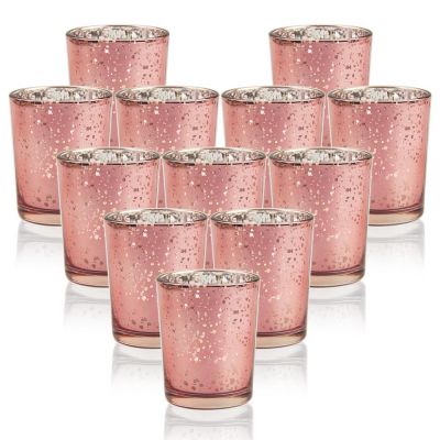 Rose Gold Votive Candle Holders Set of 12 Mercury Glass Tealight Candle Holders Bulk with Speckled for Wedding Centerpieces