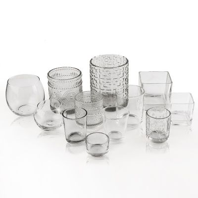 Wholesale different size and shapes clear transparent empty candle jars in bulk for home decor