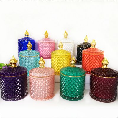 wholesale 300ml 10oz empty glass candle jars with lid candy jar geo cut for candle making candle container