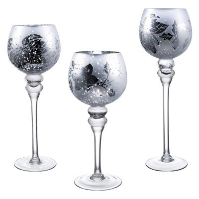 Diamond Star White Snow Mercury Crackle Glass Long Stem Tealight Candle Holders Centerpieces for Xmas Wedding Table