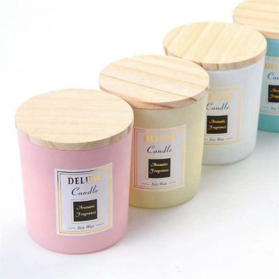 Wholesale sprayed frosted color glass candle jar tealight holder with wood lid