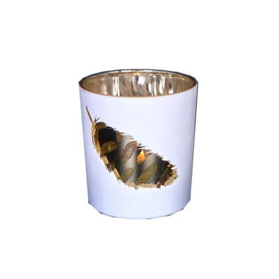 plated glass candle jar with hollow feather design spray color glass cup candle holder