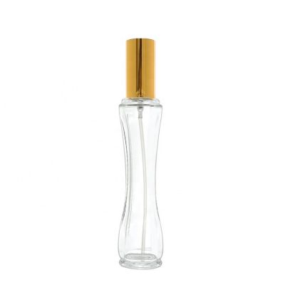 Slim shape 50ml empty clear crystal perfume glass bottle packaging with gold aluminum mist sprayer and whole cover aluminum cap